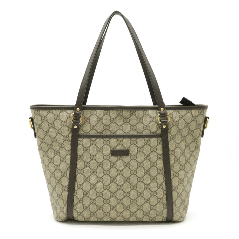 Gucci GG Supreme Tote Bag Shoulder Hobo Leather Beige Cream Dark Brown